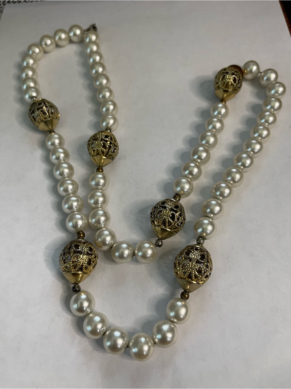 Vintage Pearl Necklace, Gold Filigree Beads, Statement Jewelry